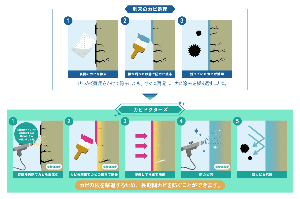 せっかく費用をかけて除去しても、すぐに再発し、カビ除去を繰り返すことに。カビの根を撃退するため、長期間カビを防ぐことができます。